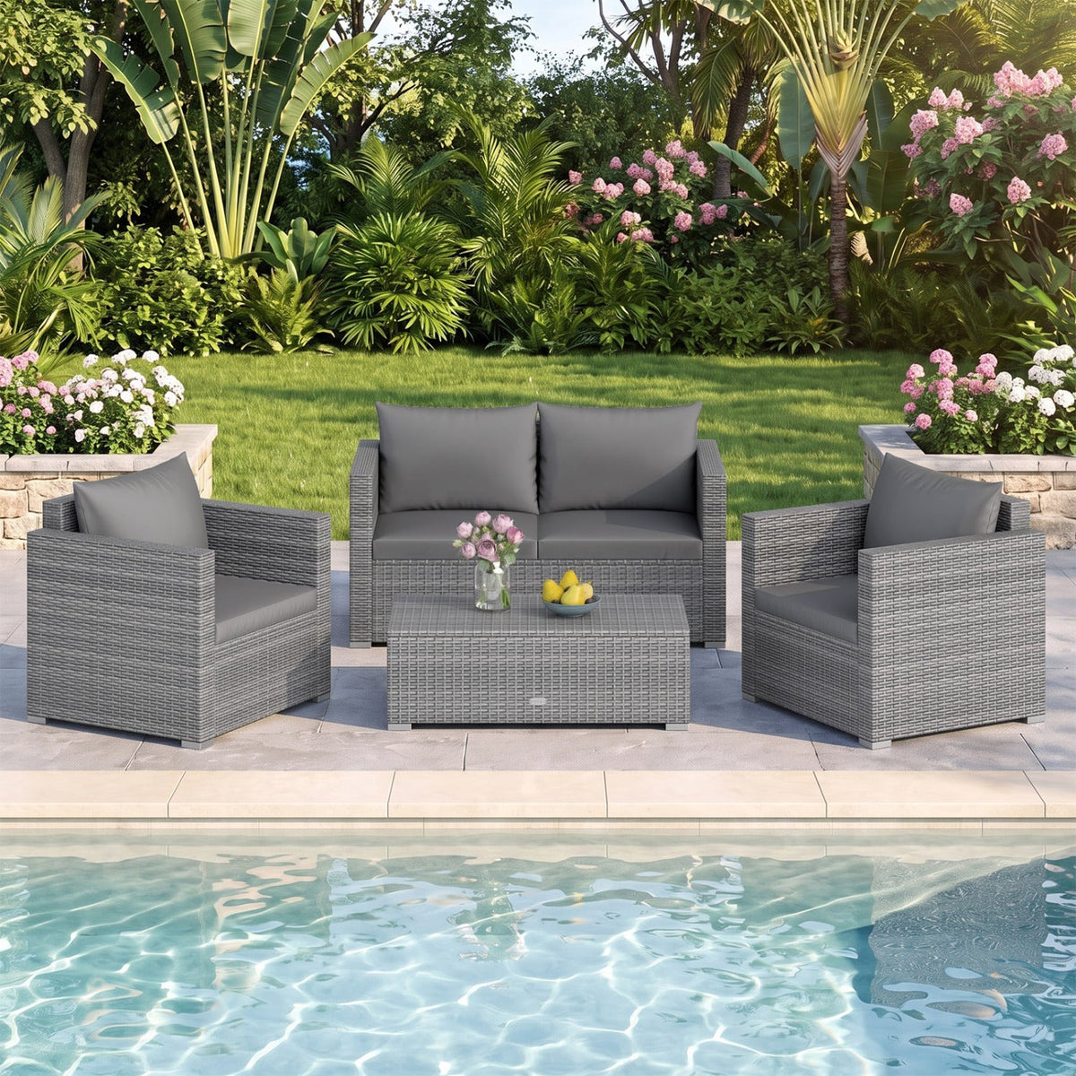 4 Pieces Patio Rattan Conversation Set with Cushions and Coffee Table-Black, photo 14 of 14