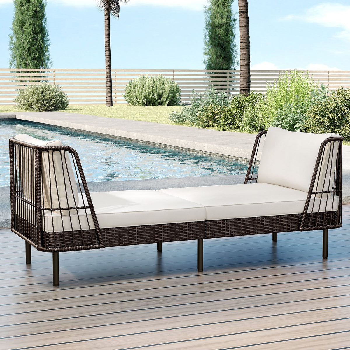 Patio Wicker Daybed Outdoor Boho Rattan Loveseat Sofa with Seat and Back Cushions-White, photo 10 of 10