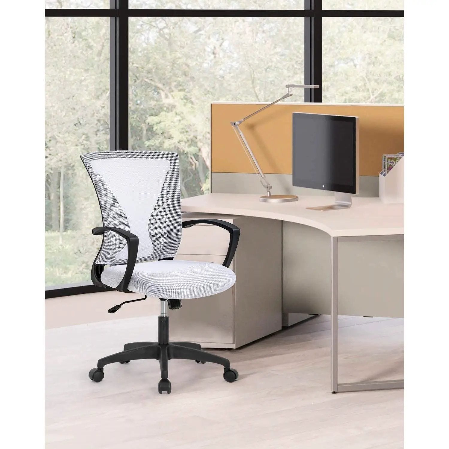 White Modern Mid-Back Office Desk Chair Ergonomic Mesh with Armrest on Wheels by HomePacific