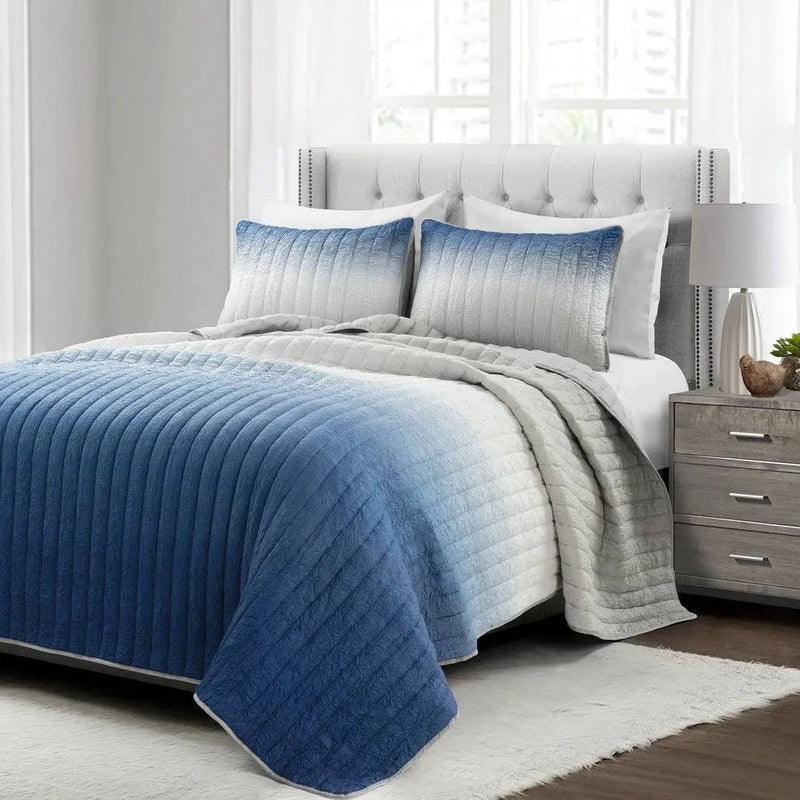King size Blue Grey Lightweight Crinkle Fabric 3 Piece Quilt Set by HomePacific