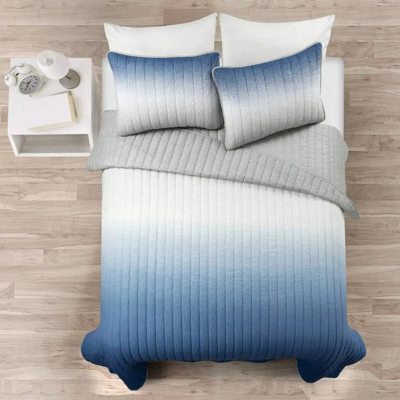King size Blue Grey Lightweight Crinkle Fabric 3 Piece Quilt Set by HomePacific