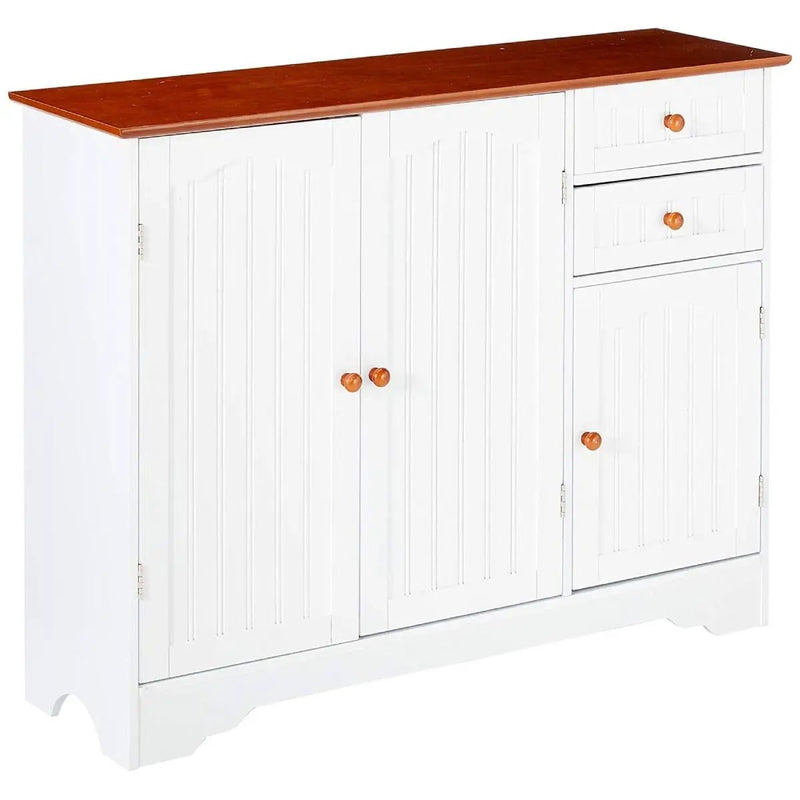 White Wood Sideboard Buffet Cabinet with Walnut Finish Top and Knobs by HomePacific
