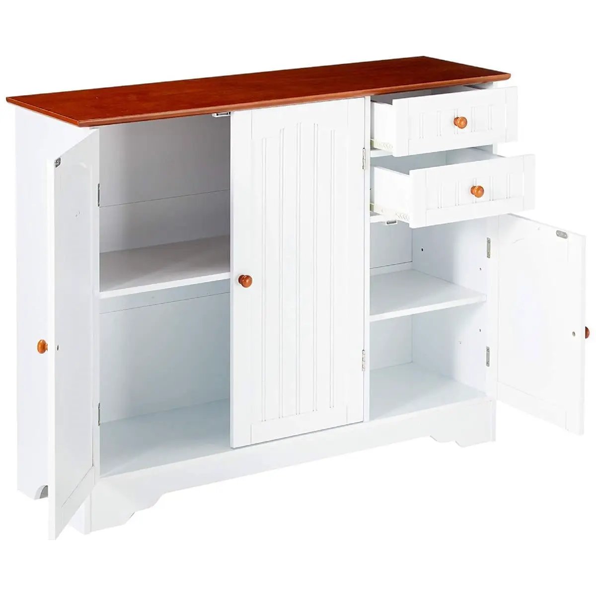 White Wood Sideboard Buffet Cabinet with Walnut Finish Top and Knobs by HomePacific