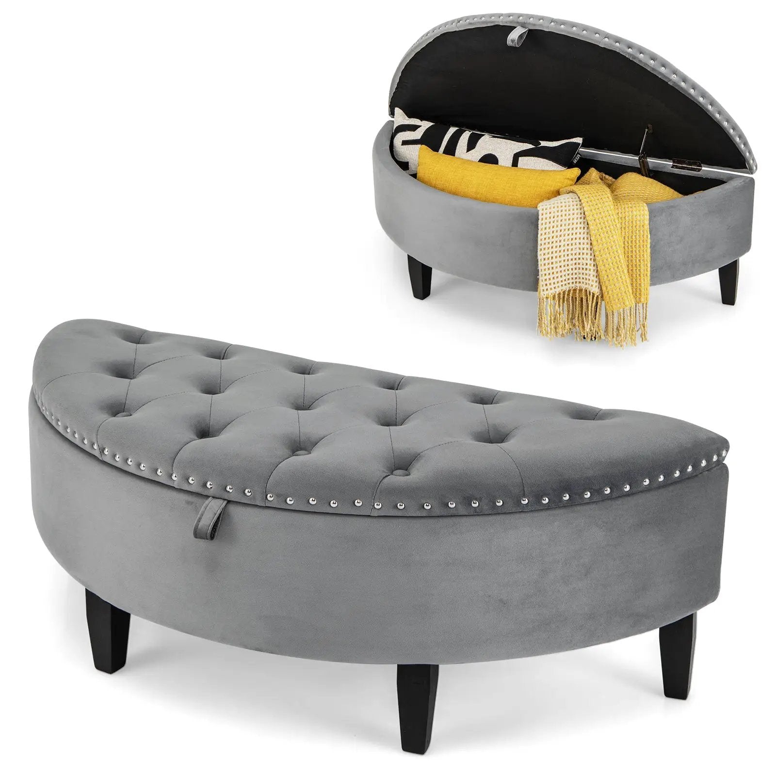 Half Moon Storage Bench with Rubber Wood Legs-Gray by DirectDeals