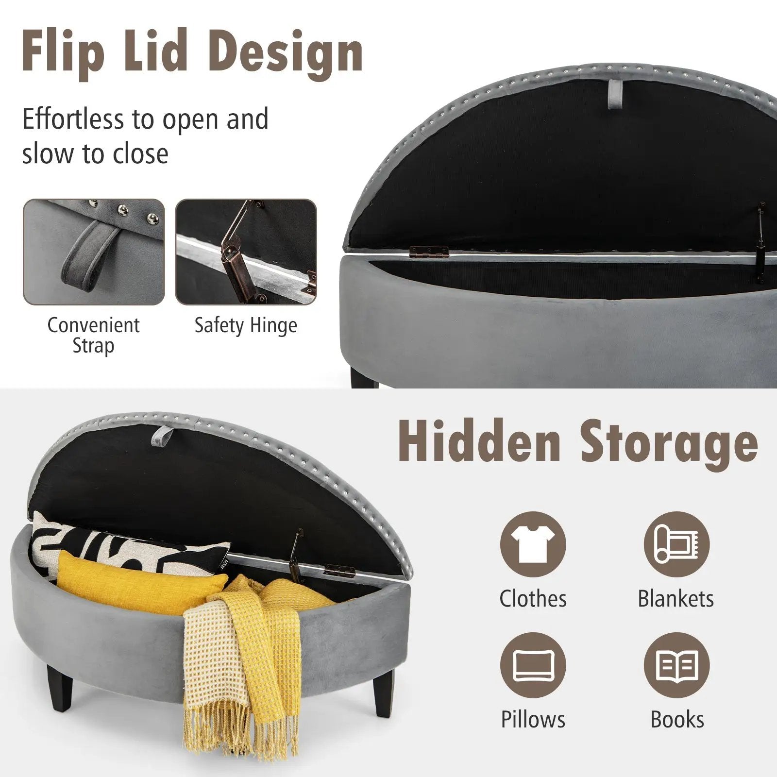 Half Moon Storage Bench with Rubber Wood Legs-Gray by DirectDeals