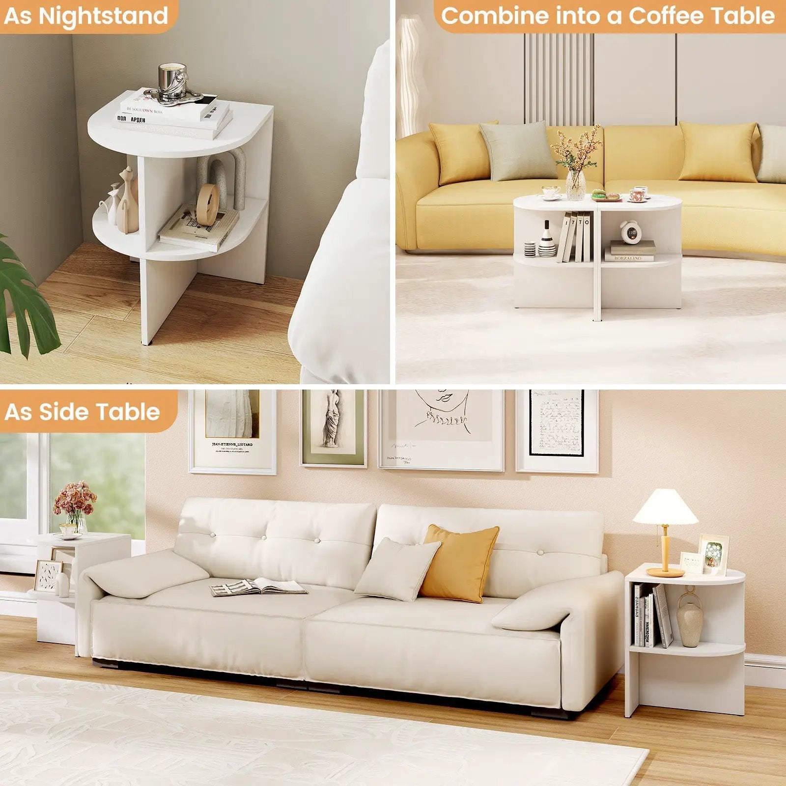 Half Round End Table with Open Shelves for Small Space-White by DirectDeals