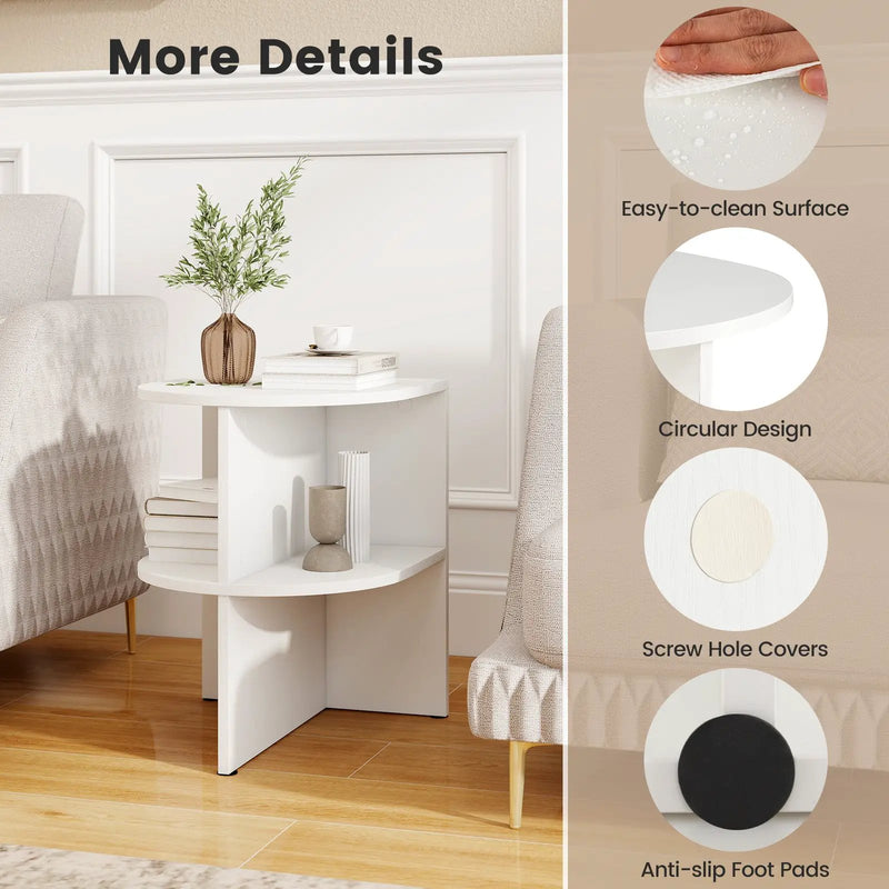Half Round End Table with Open Shelves for Small Space-White by DirectDeals