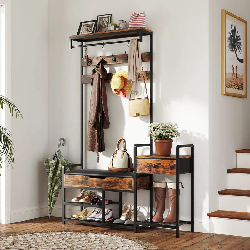 70 Inch Hall Tree with Shoe Storage Bench Freestanding Coat Rack-Rustic Brown by DirectDeals