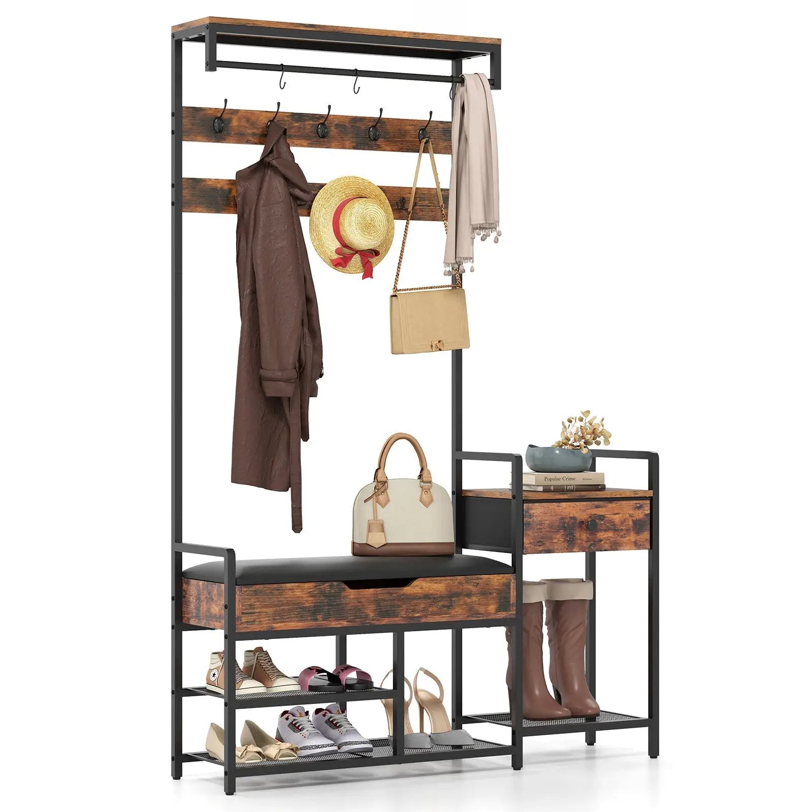 70 Inch Hall Tree with Shoe Storage Bench Freestanding Coat Rack-Rustic Brown by DirectDeals