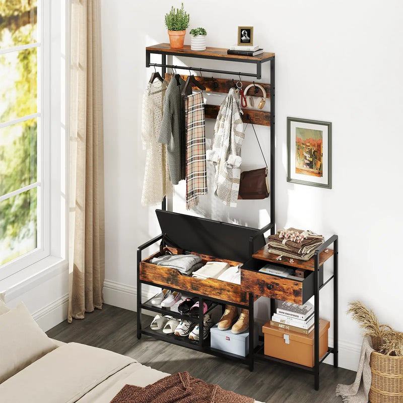 70 Inch Hall Tree with Shoe Storage Bench Freestanding Coat Rack-Rustic Brown by DirectDeals