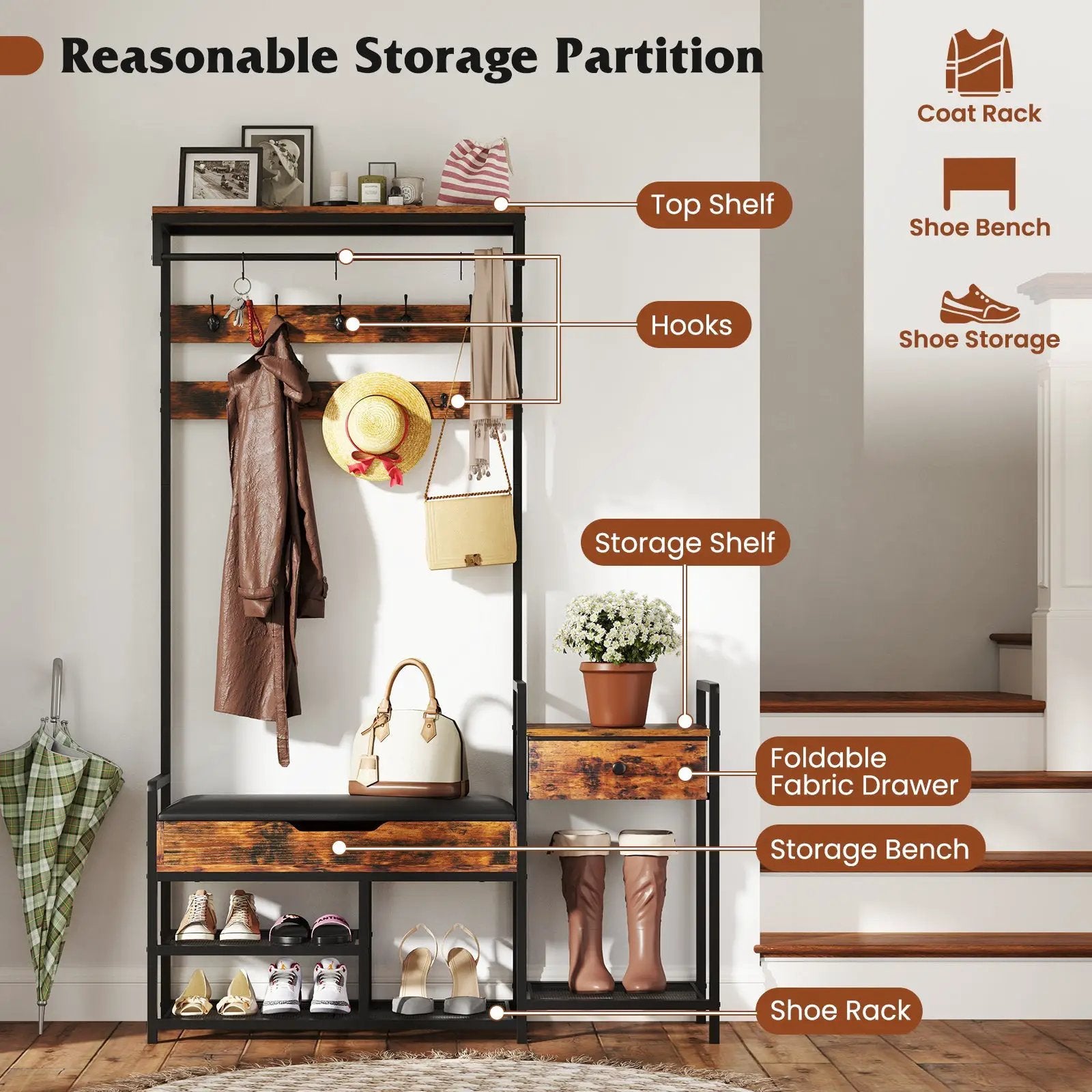 70 Inch Hall Tree with Shoe Storage Bench Freestanding Coat Rack-Rustic Brown by DirectDeals