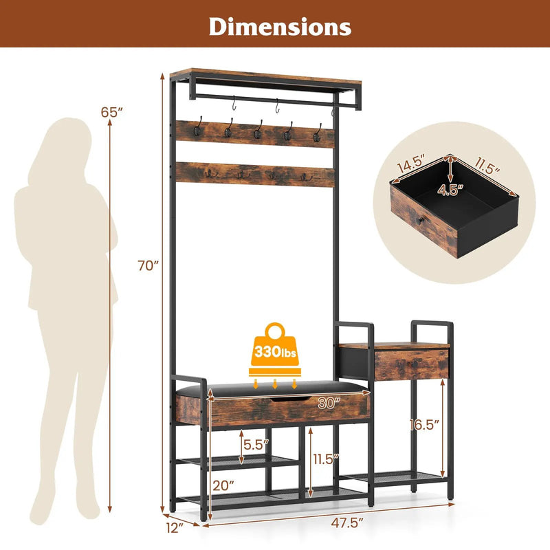70 Inch Hall Tree with Shoe Storage Bench Freestanding Coat Rack-Rustic Brown by DirectDeals