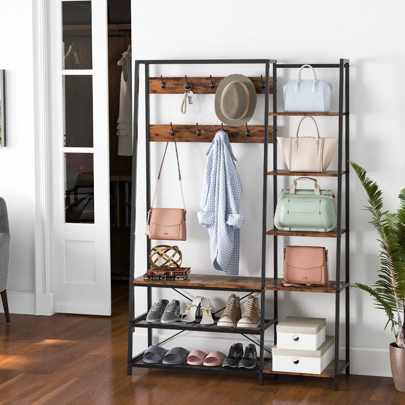 5-in-1 Entryway Hall Tree with Storage Bench with 9 Hooks-Rustic Brown by DirectDeals
