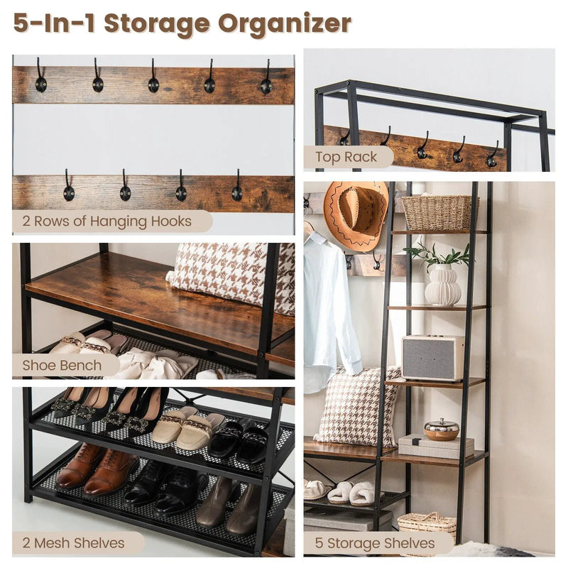 5-in-1 Entryway Hall Tree with Storage Bench with 9 Hooks-Rustic Brown by DirectDeals