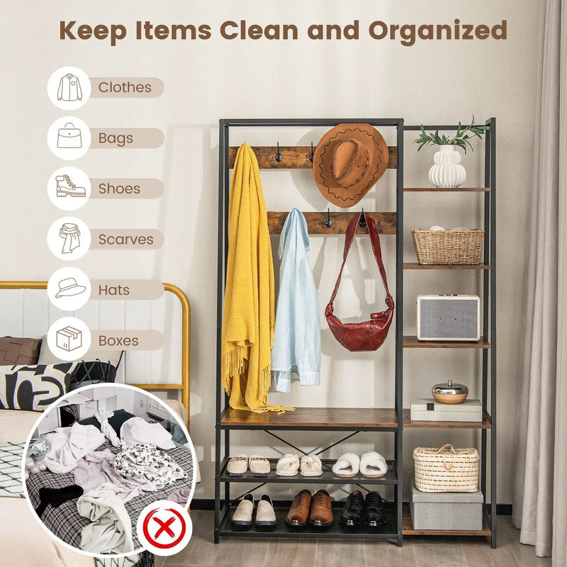 5-in-1 Entryway Hall Tree with Storage Bench with 9 Hooks-Rustic Brown by DirectDeals