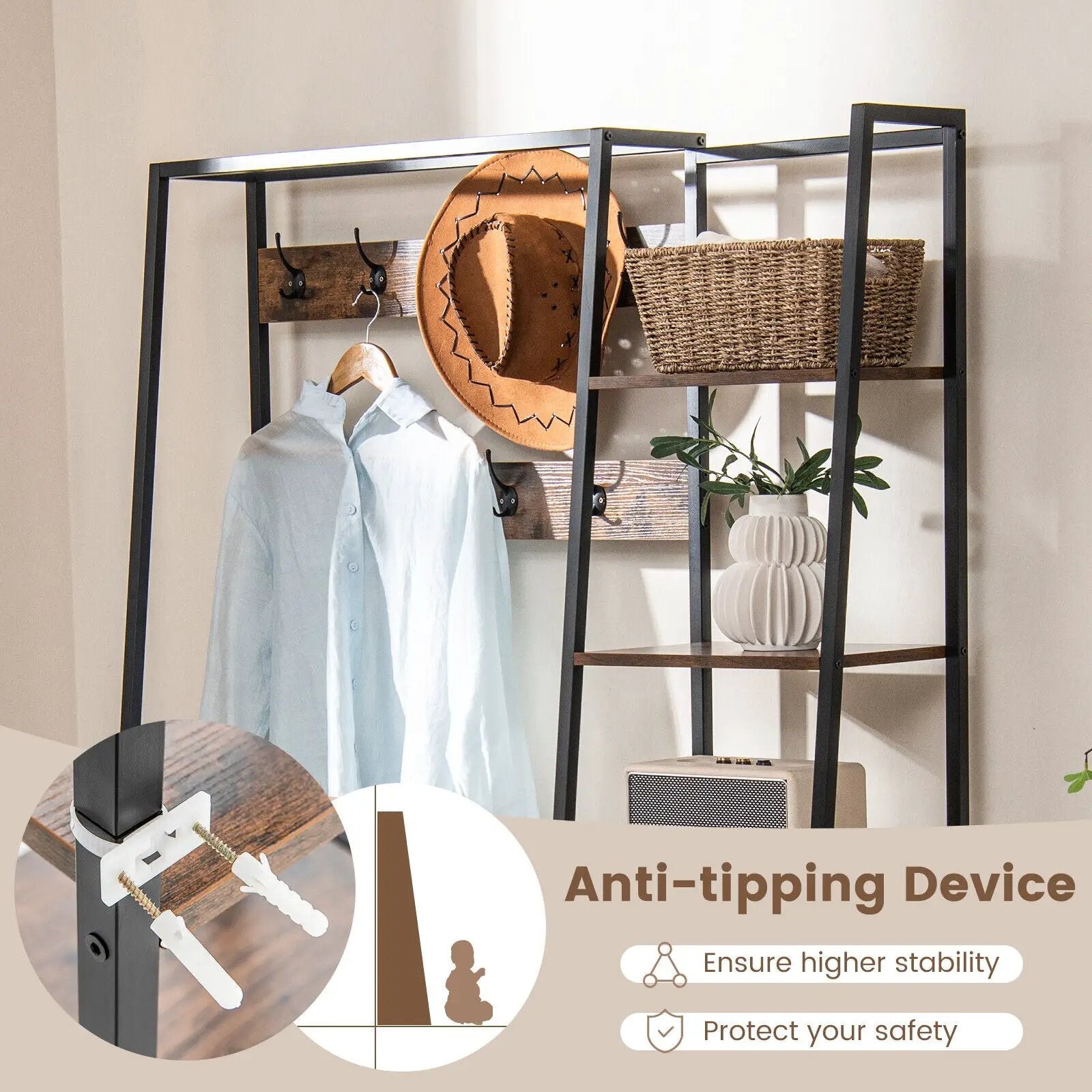 5-in-1 Entryway Hall Tree with Storage Bench with 9 Hooks-Rustic Brown by DirectDeals