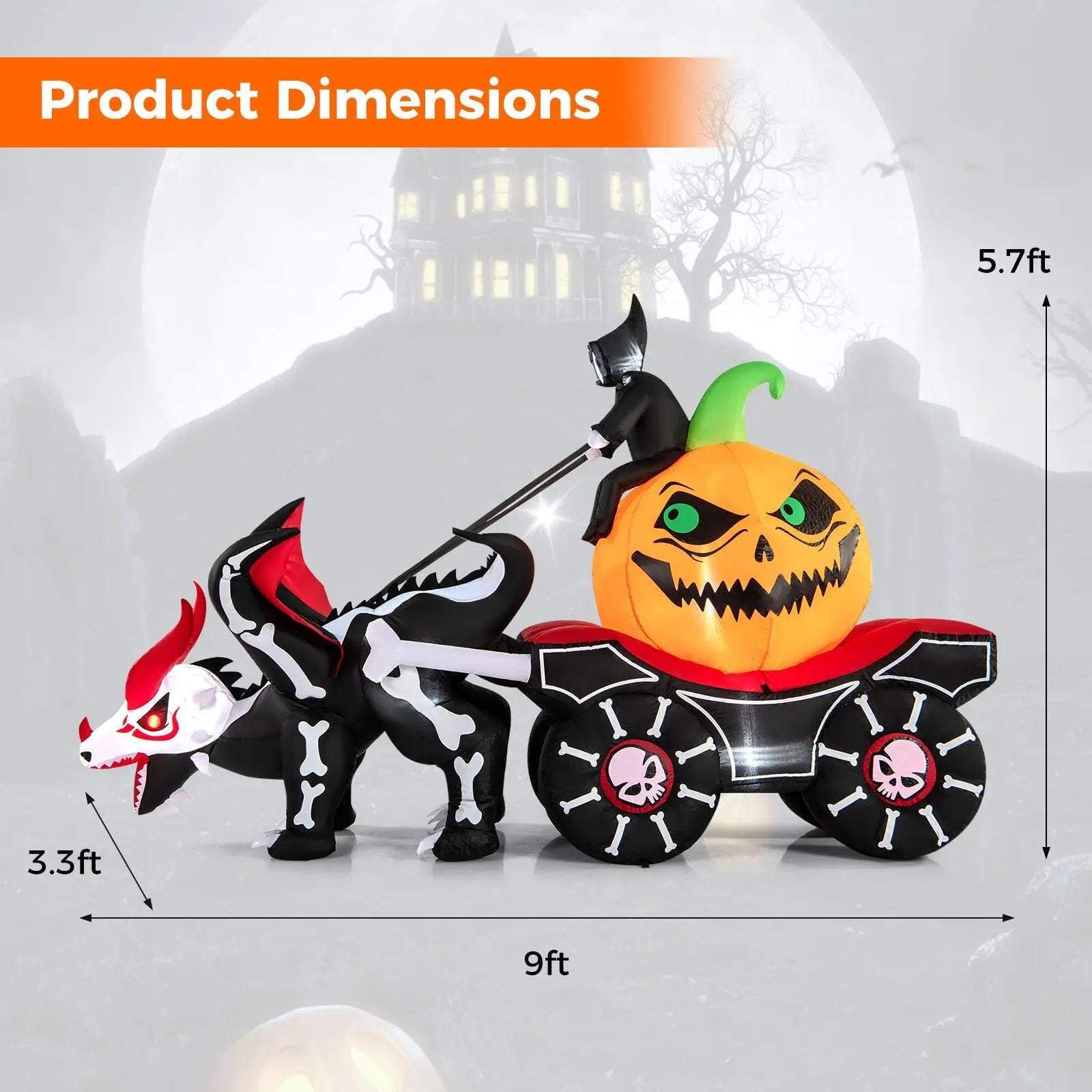 Halloween Inflatable LED Lighted Carriage with Pumpkin and Skeleton Dragon by DirectDeals