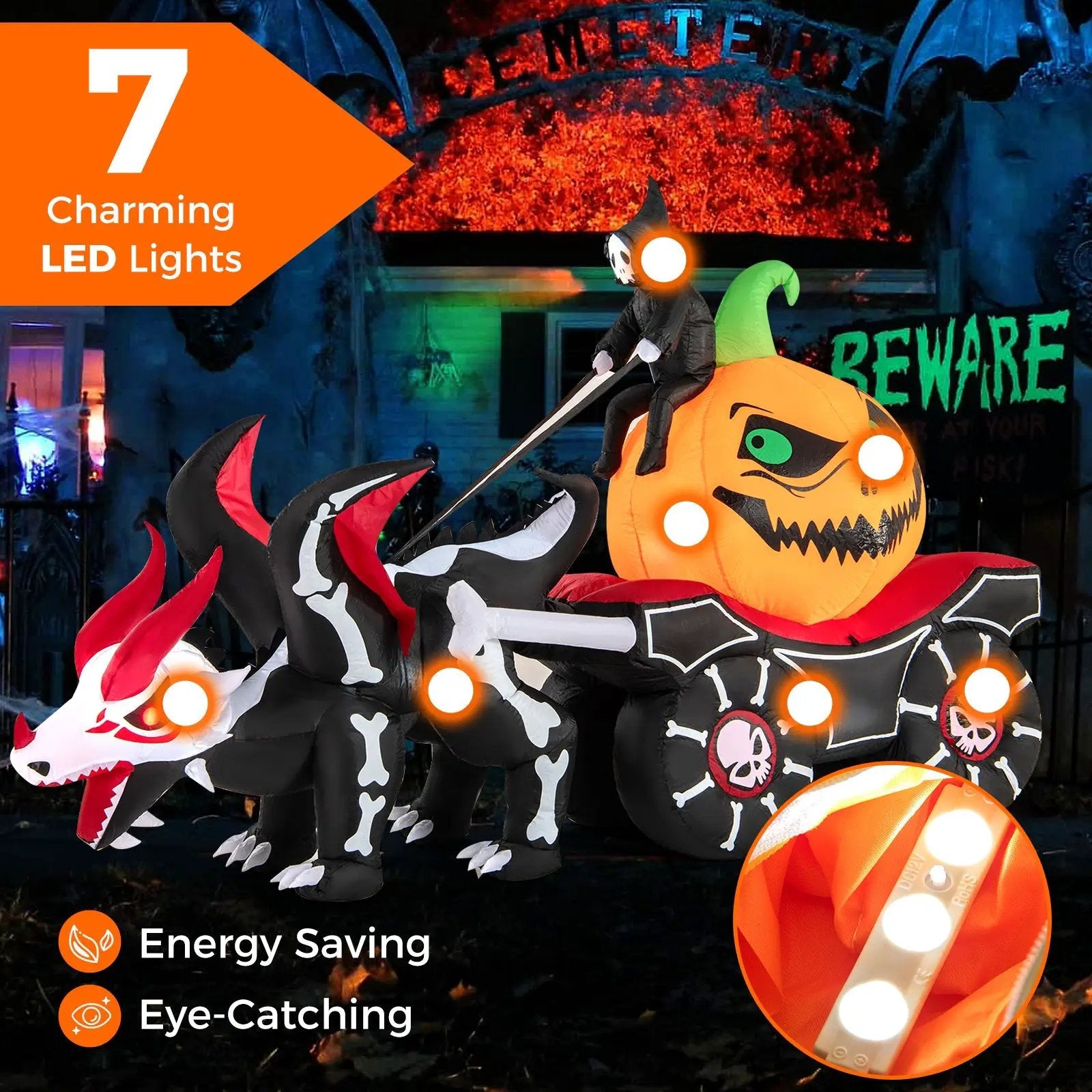 Halloween Inflatable LED Lighted Carriage with Pumpkin and Skeleton Dragon by DirectDeals