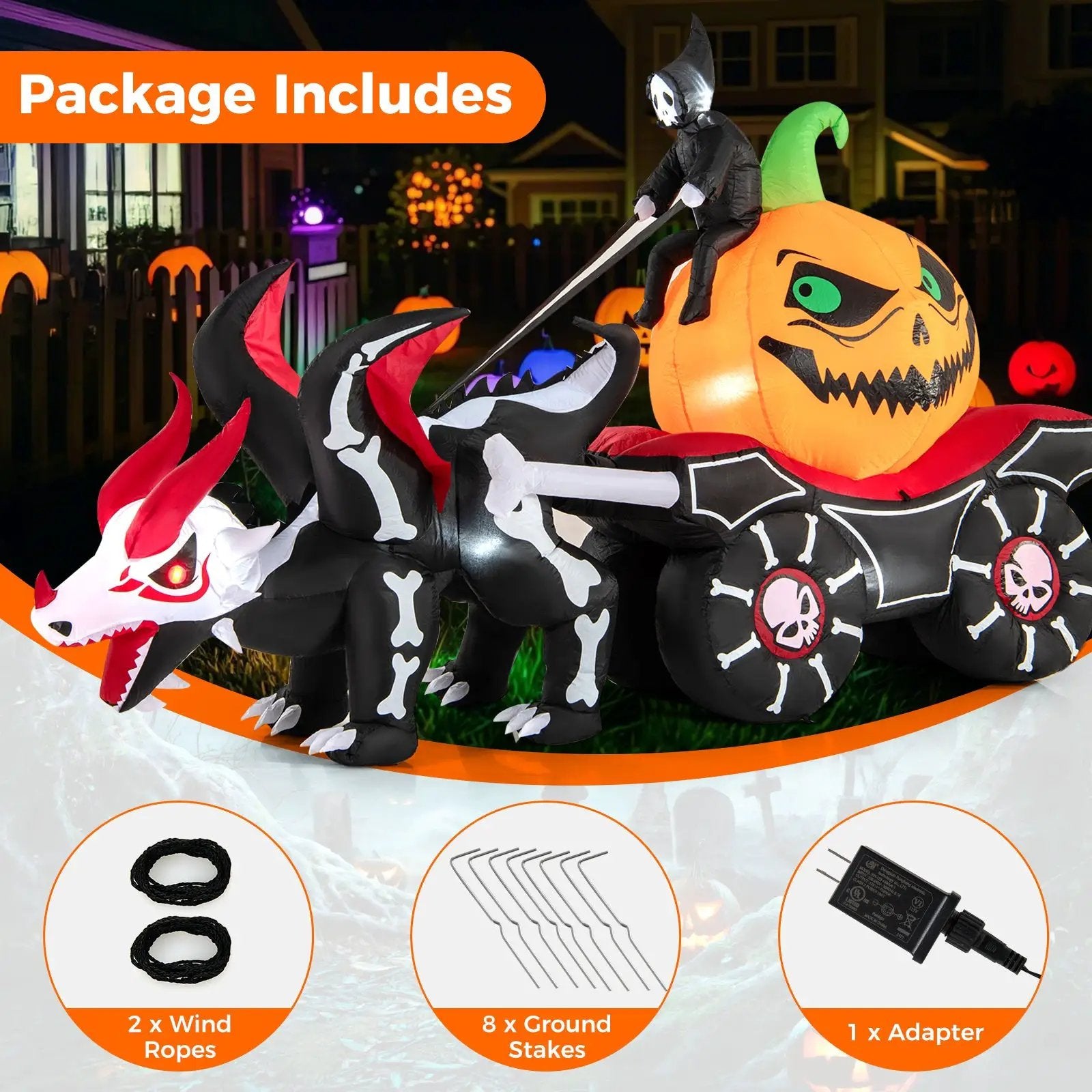 Halloween Inflatable LED Lighted Carriage with Pumpkin and Skeleton Dragon by DirectDeals