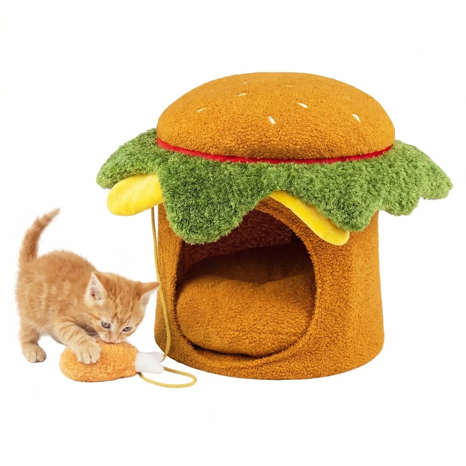 Hamburger Cat Nest with Chicken Drumstick Toy and Removable Cushion for Indoor Cats by DirectDeals