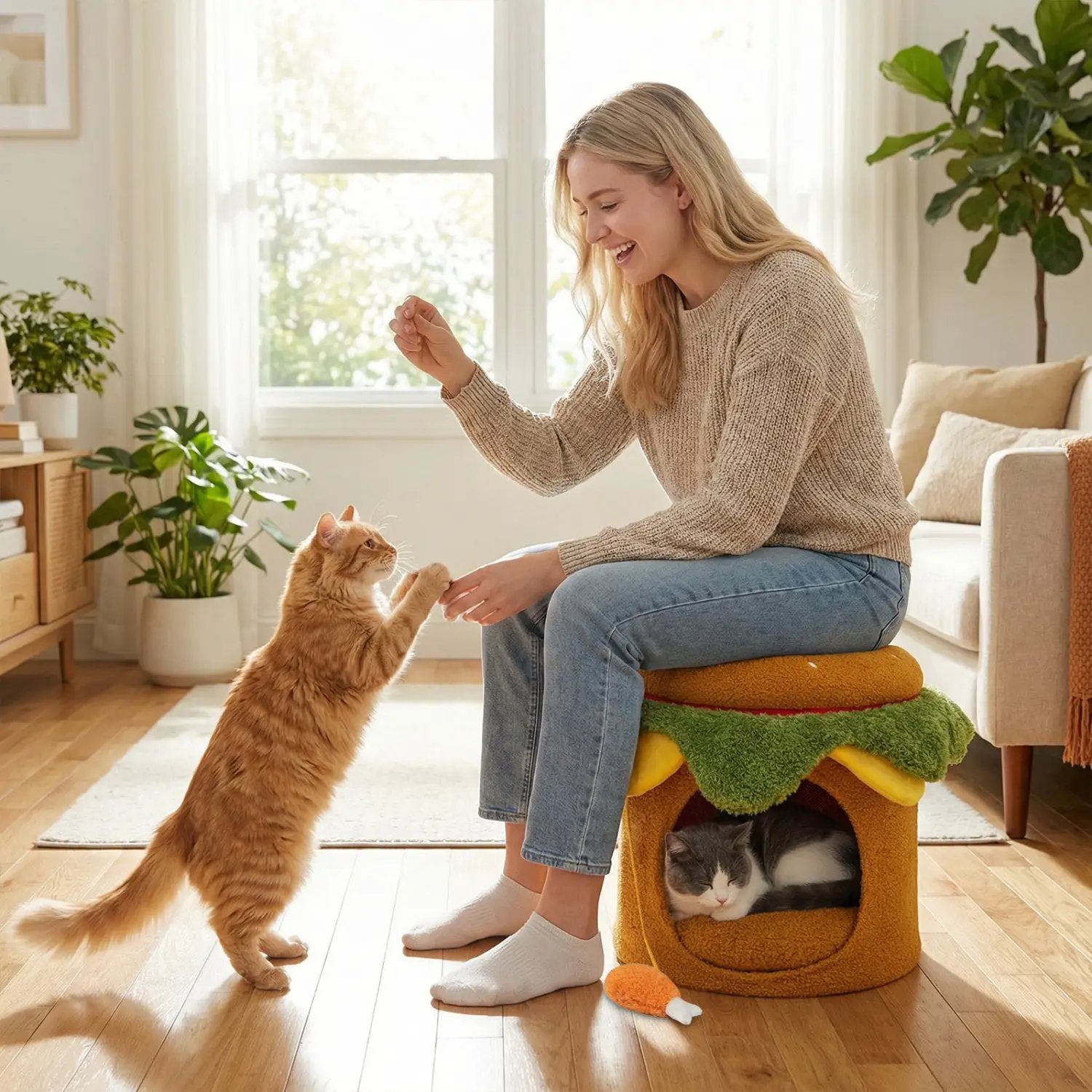 Hamburger Cat Nest with Chicken Drumstick Toy and Removable Cushion for Indoor Cats by DirectDeals