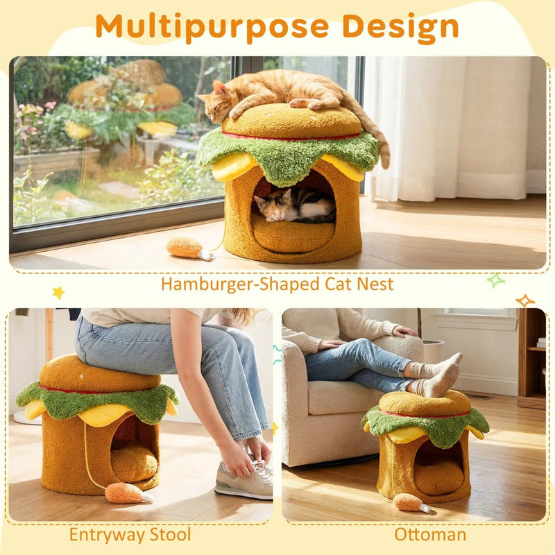 Hamburger Cat Nest with Chicken Drumstick Toy and Removable Cushion for Indoor Cats by DirectDeals