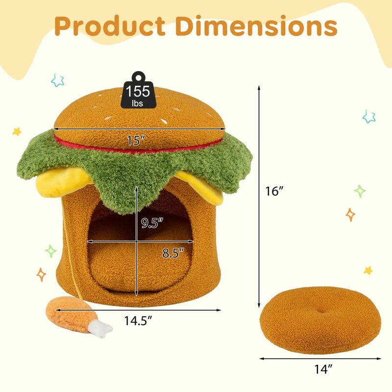 Hamburger Cat Nest with Chicken Drumstick Toy and Removable Cushion for Indoor Cats by DirectDeals
