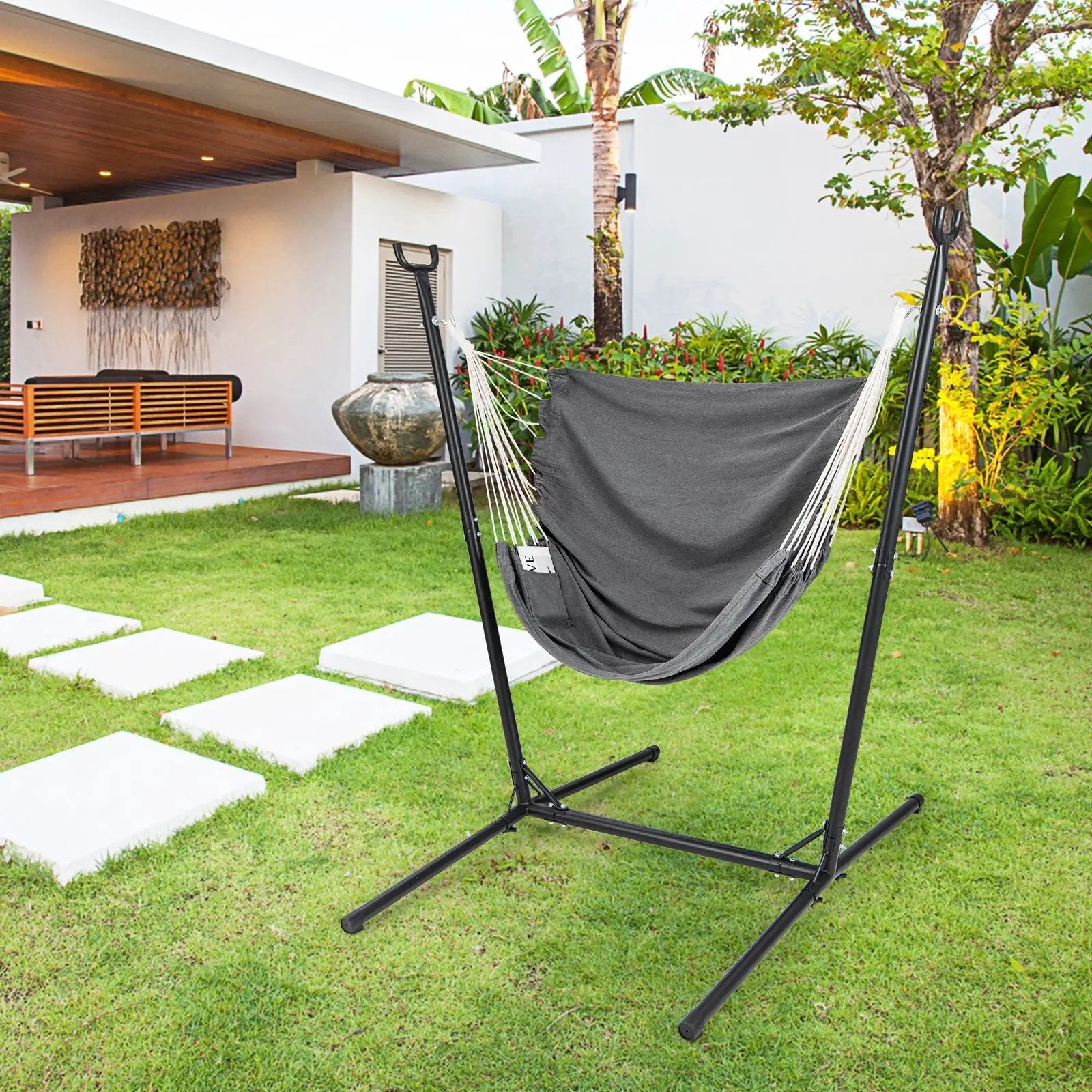 Hammock Chair with Stand 6-Position Adjustable Height and Side Pocket-Gray by DirectDeals