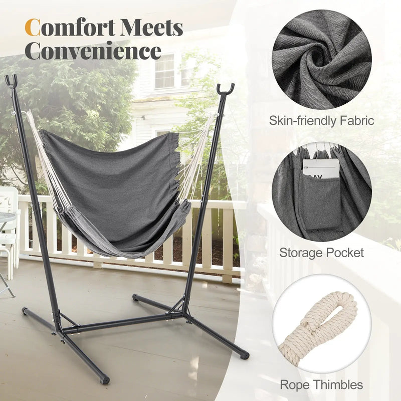 Hammock Chair with Stand 6-Position Adjustable Height and Side Pocket-Gray by DirectDeals