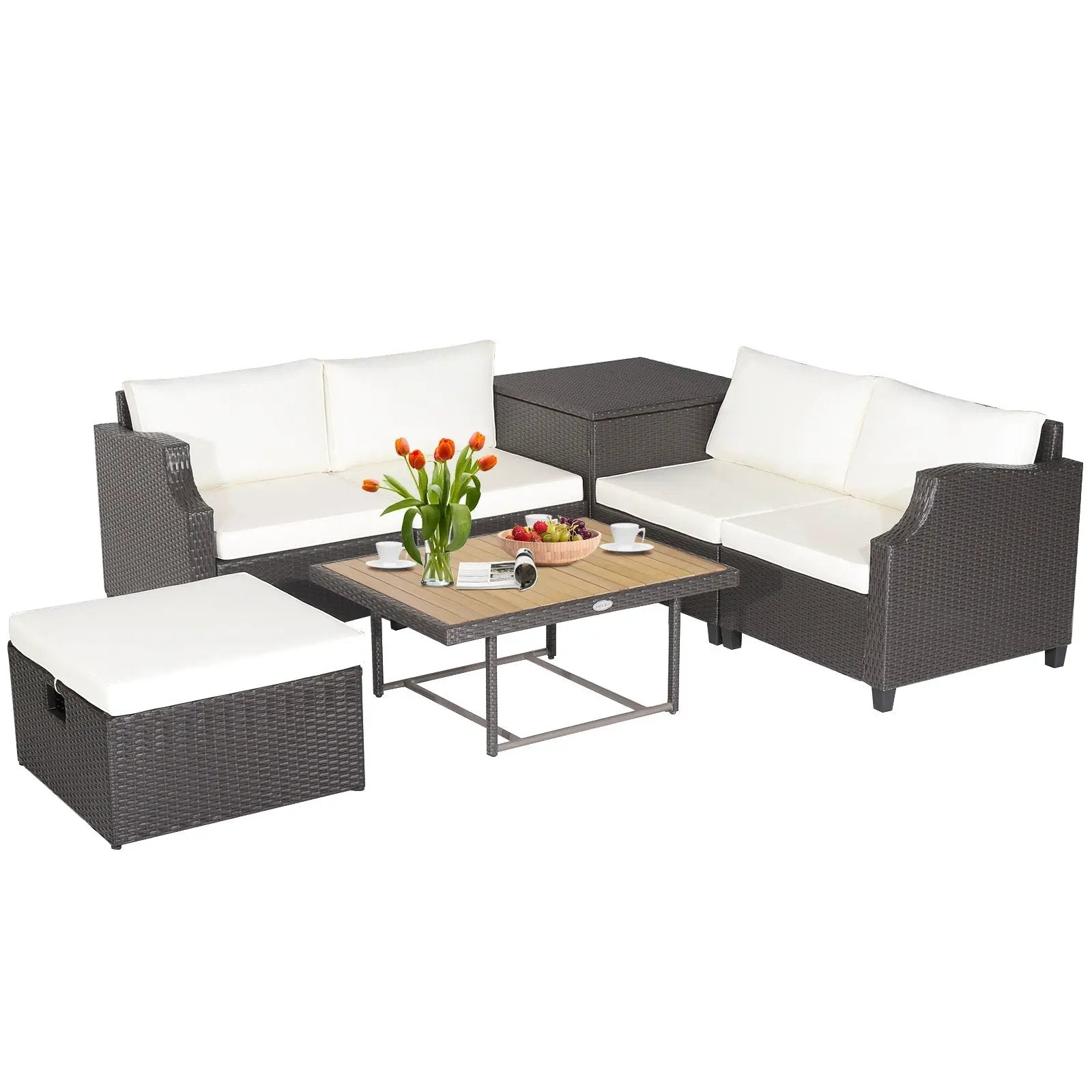 7 Pieces Hand-Woven Wicker Outdoor Furniture Set with Acacia Wood Coffee Table-White by DirectDeals