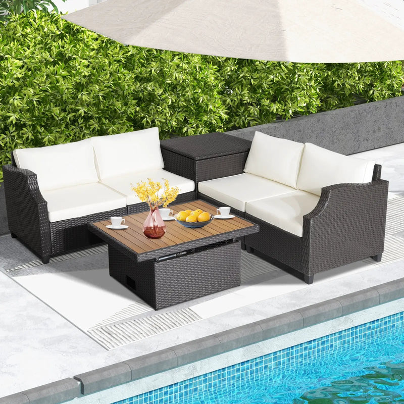 7 Pieces Hand-Woven Wicker Outdoor Furniture Set with Acacia Wood Coffee Table-White by DirectDeals