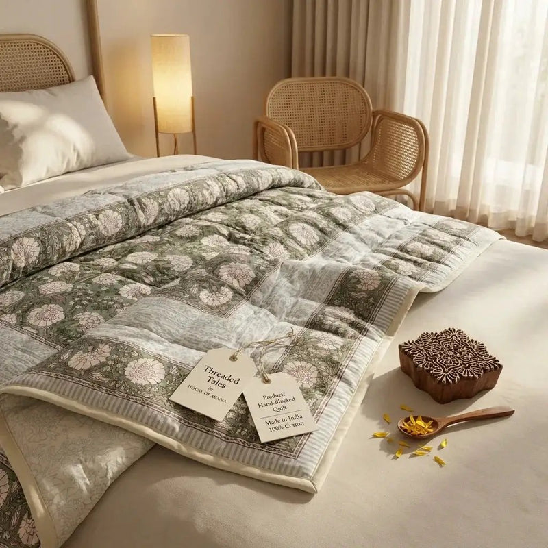 House of Avana Cream & Golden Yellow Rust Floral Jaipur Indian Hand Block Print Quilted Comforter by House Of Avana