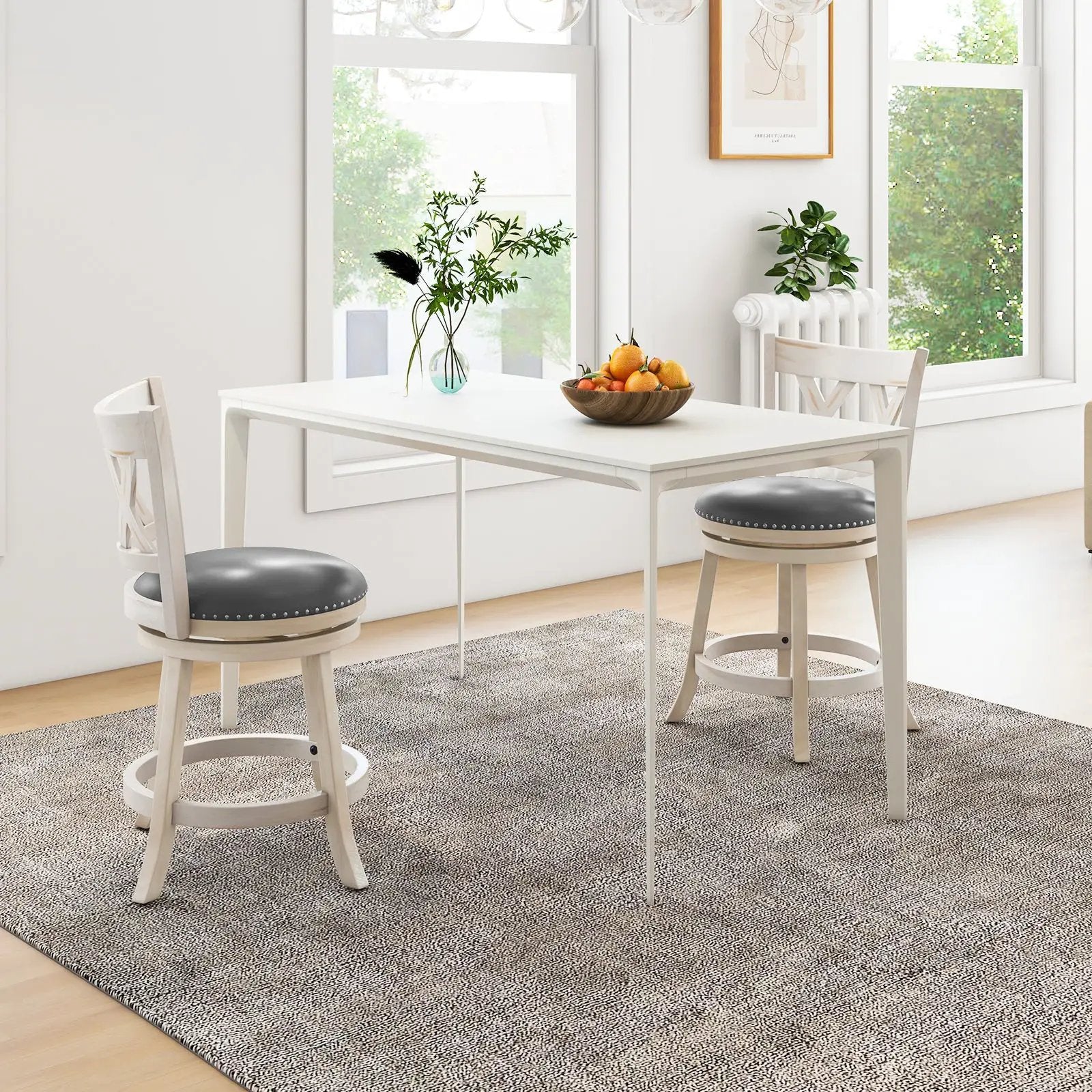 25.5 Inch Hand-Antiqued Stool Set of 2 with Wider Padded Seat-White by DirectDeals
