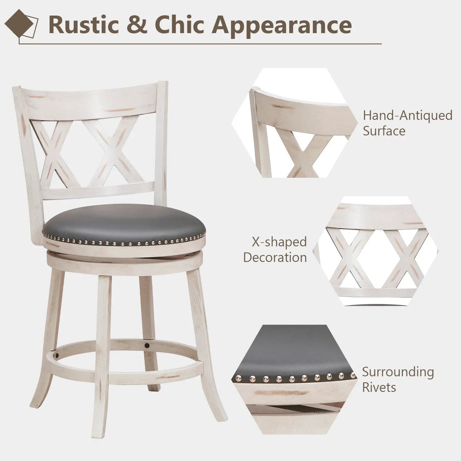 25.5 Inch Hand-Antiqued Stool Set of 2 with Wider Padded Seat-White by DirectDeals