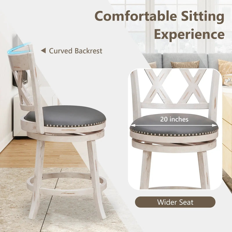 25.5 Inch Hand-Antiqued Stool Set of 2 with Wider Padded Seat-White by DirectDeals
