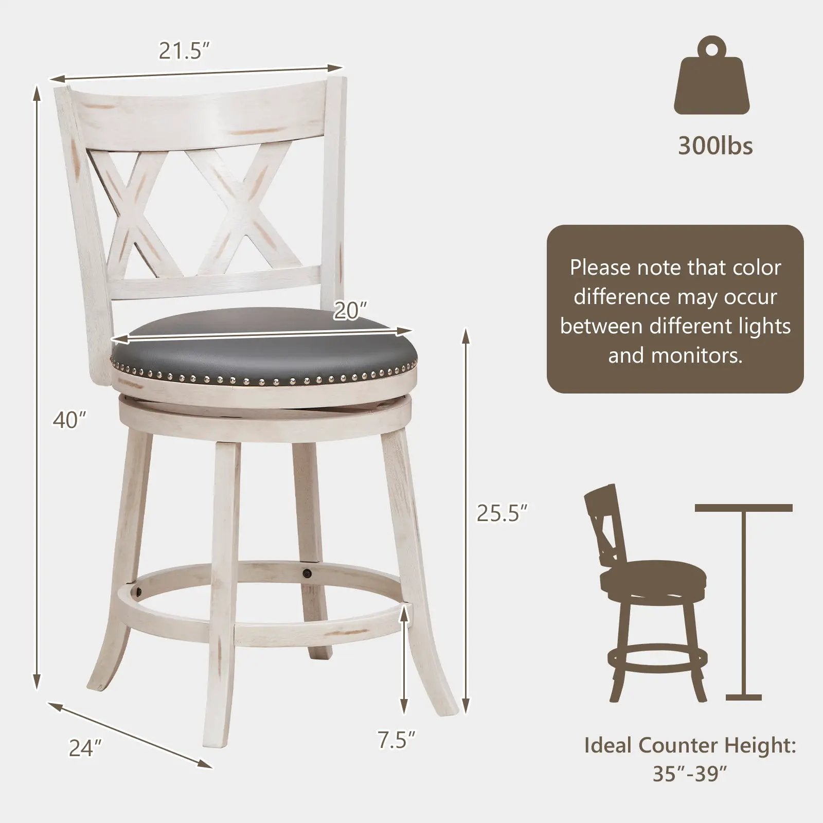 25.5 Inch Hand-Antiqued Stool Set of 2 with Wider Padded Seat-White by DirectDeals