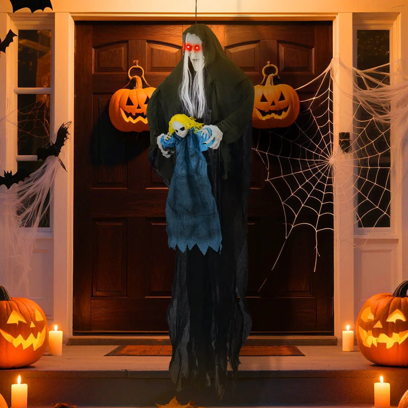 Hanging Halloween Decoration Sound-Activated Witch Holding Ghost Girl with Spooky Sounds by DirectDeals