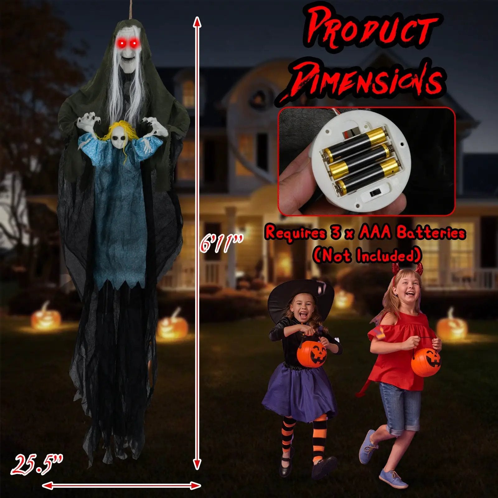 Hanging Halloween Decoration Sound-Activated Witch Holding Ghost Girl with Spooky Sounds by DirectDeals