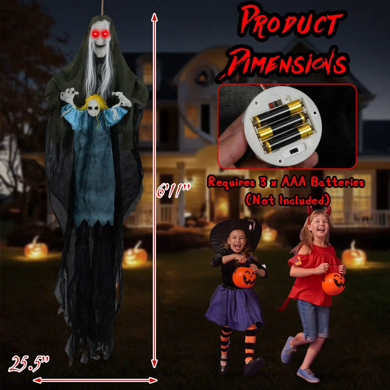Hanging Halloween Decoration Sound-Activated Witch Holding Ghost Girl with Spooky Sounds by DirectDeals