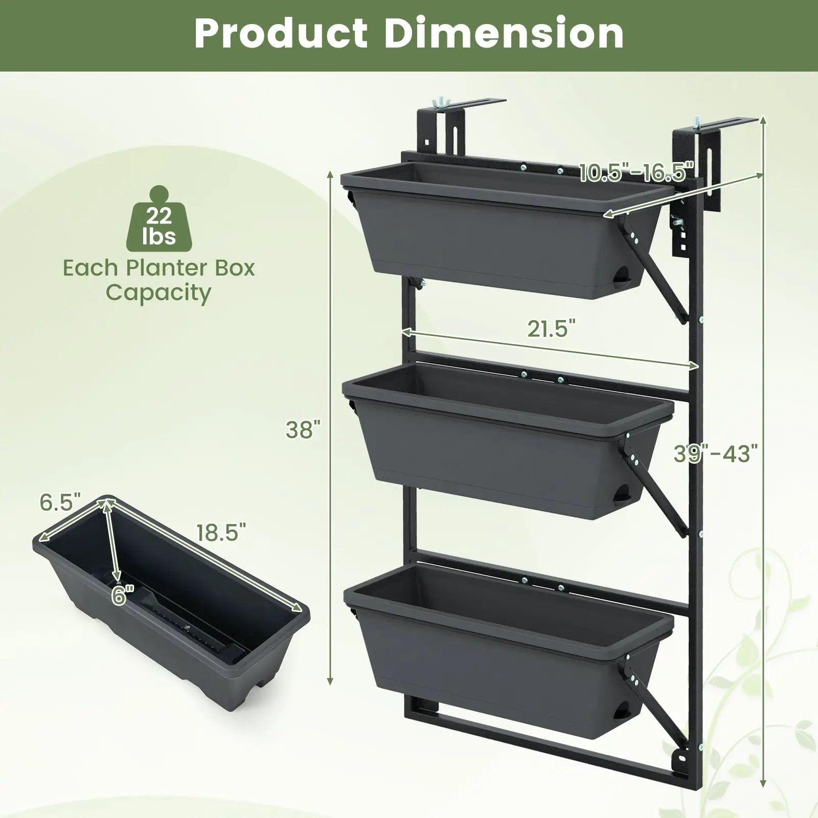 Hanging Vertical Planter Wall-mounted Adjustable with Detachable Hooks-Black by DirectDeals