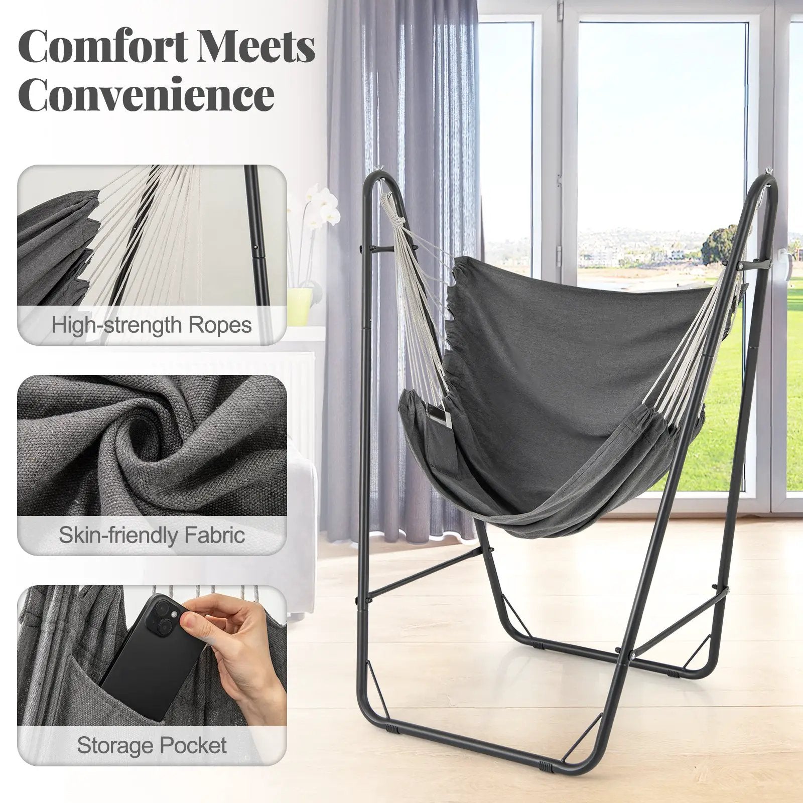 Hammock Chair with Heavy Duty Metal Frame and Side Pocket-Gray by DirectDeals