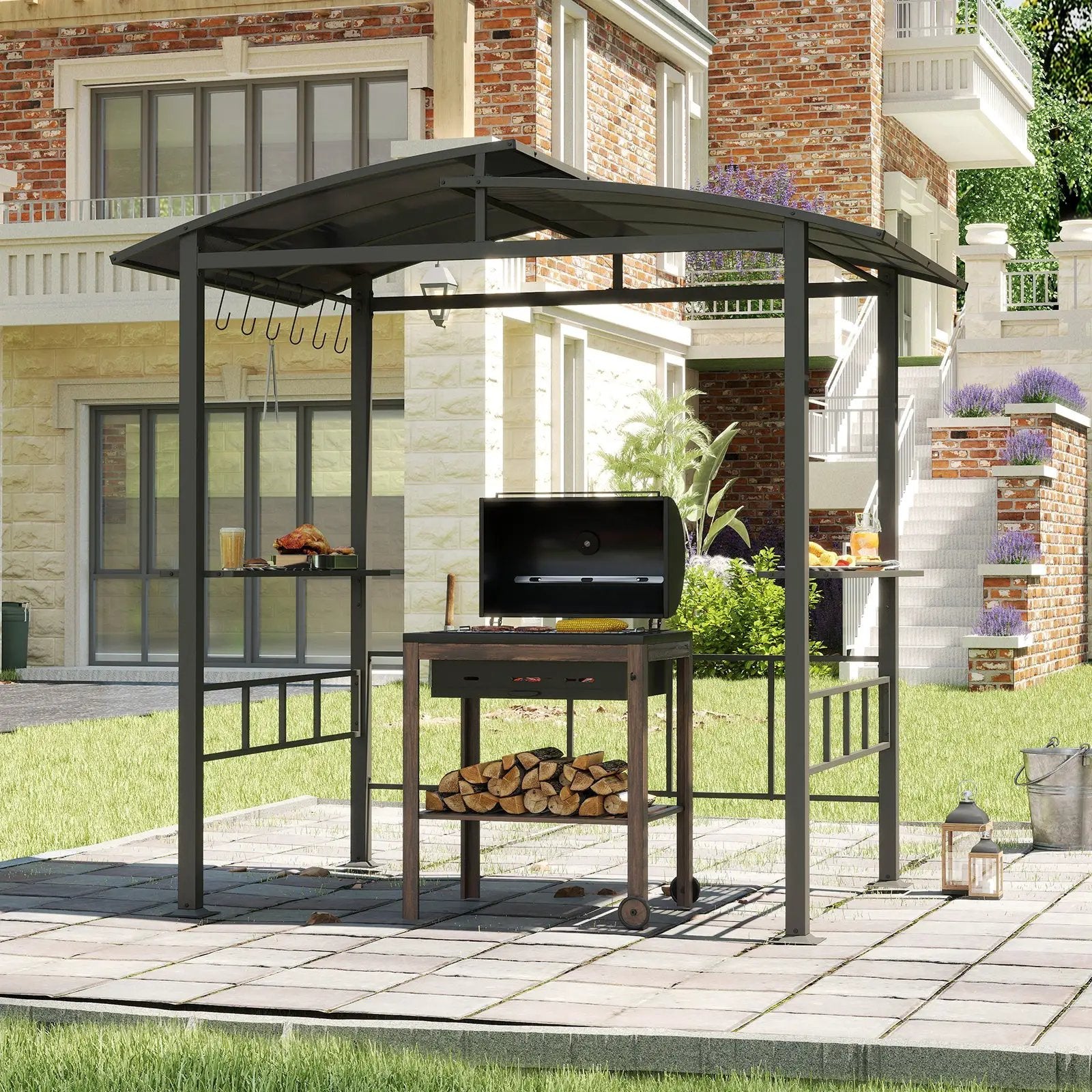 Hardtop Grill Gazebo with Vented Polycarbonate Roof Side Shelves-Black by DirectDeals