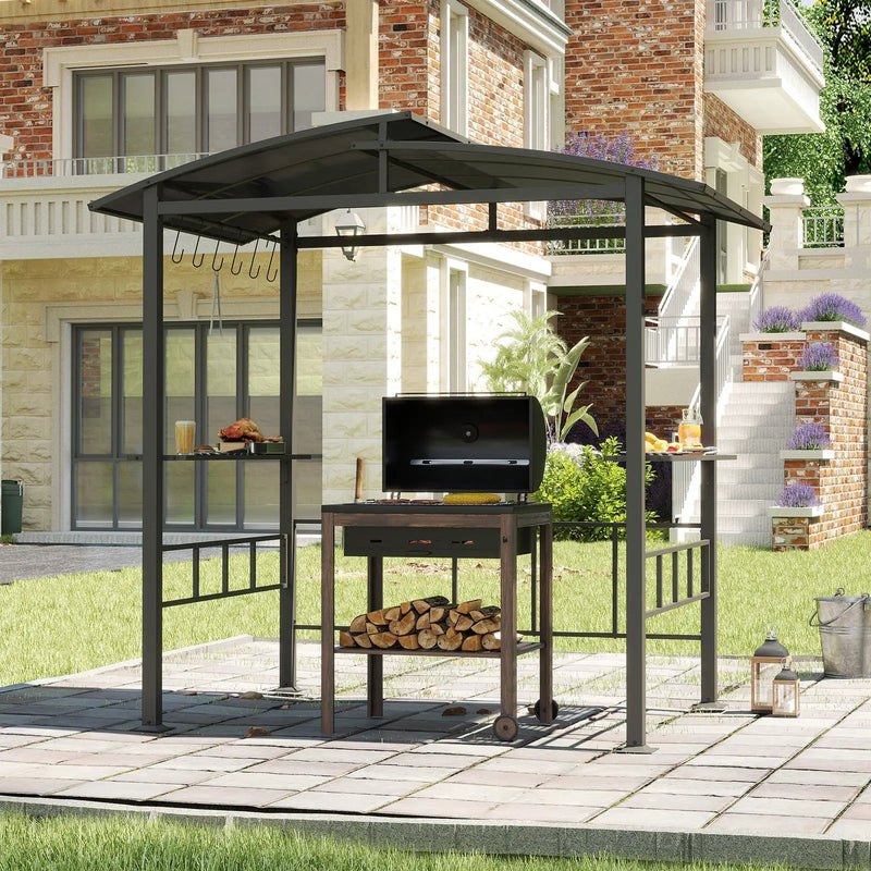 Hardtop Grill Gazebo with Vented Polycarbonate Roof Side Shelves-Black by DirectDeals