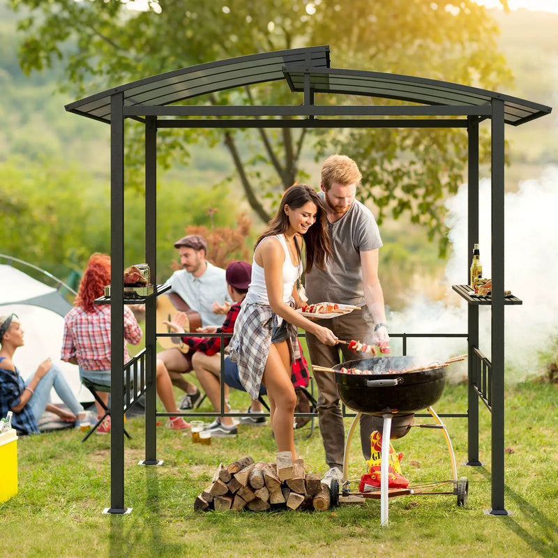 Hardtop Grill Gazebo with Vented Polycarbonate Roof Side Shelves-Black by DirectDeals