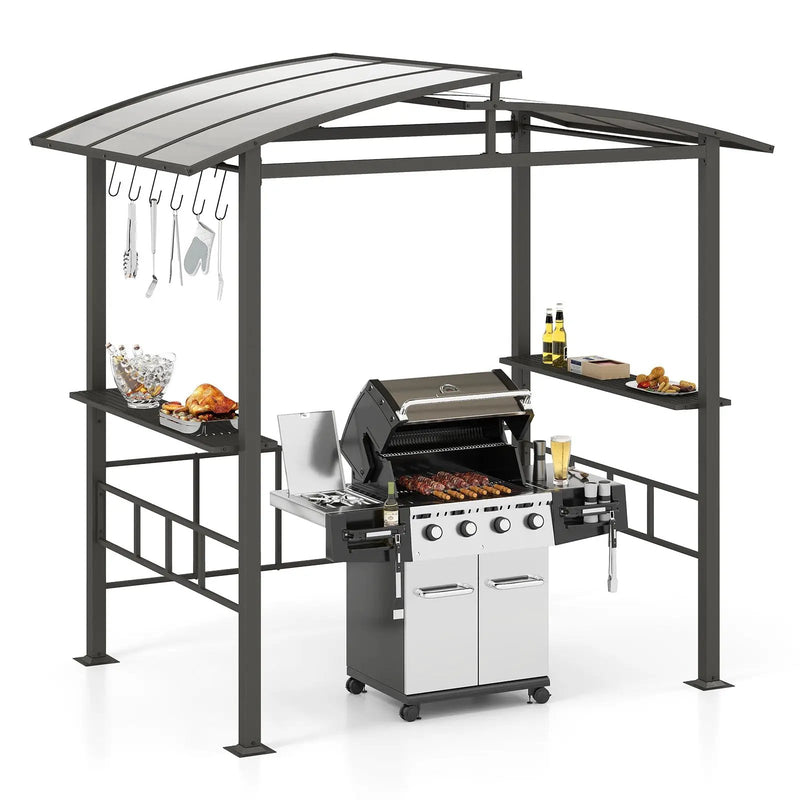 Hardtop Grill Gazebo with Vented Polycarbonate Roof Side Shelves-Black by DirectDeals