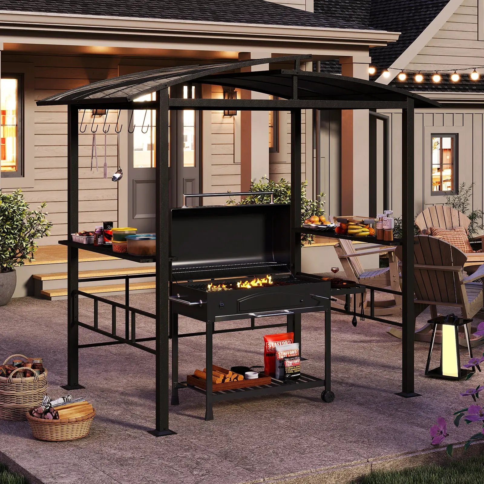 Hardtop Grill Gazebo with Vented Polycarbonate Roof Side Shelves-Black by DirectDeals