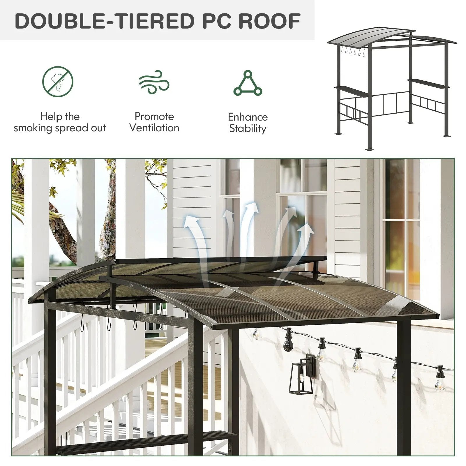 Hardtop Grill Gazebo with Vented Polycarbonate Roof Side Shelves-Black by DirectDeals