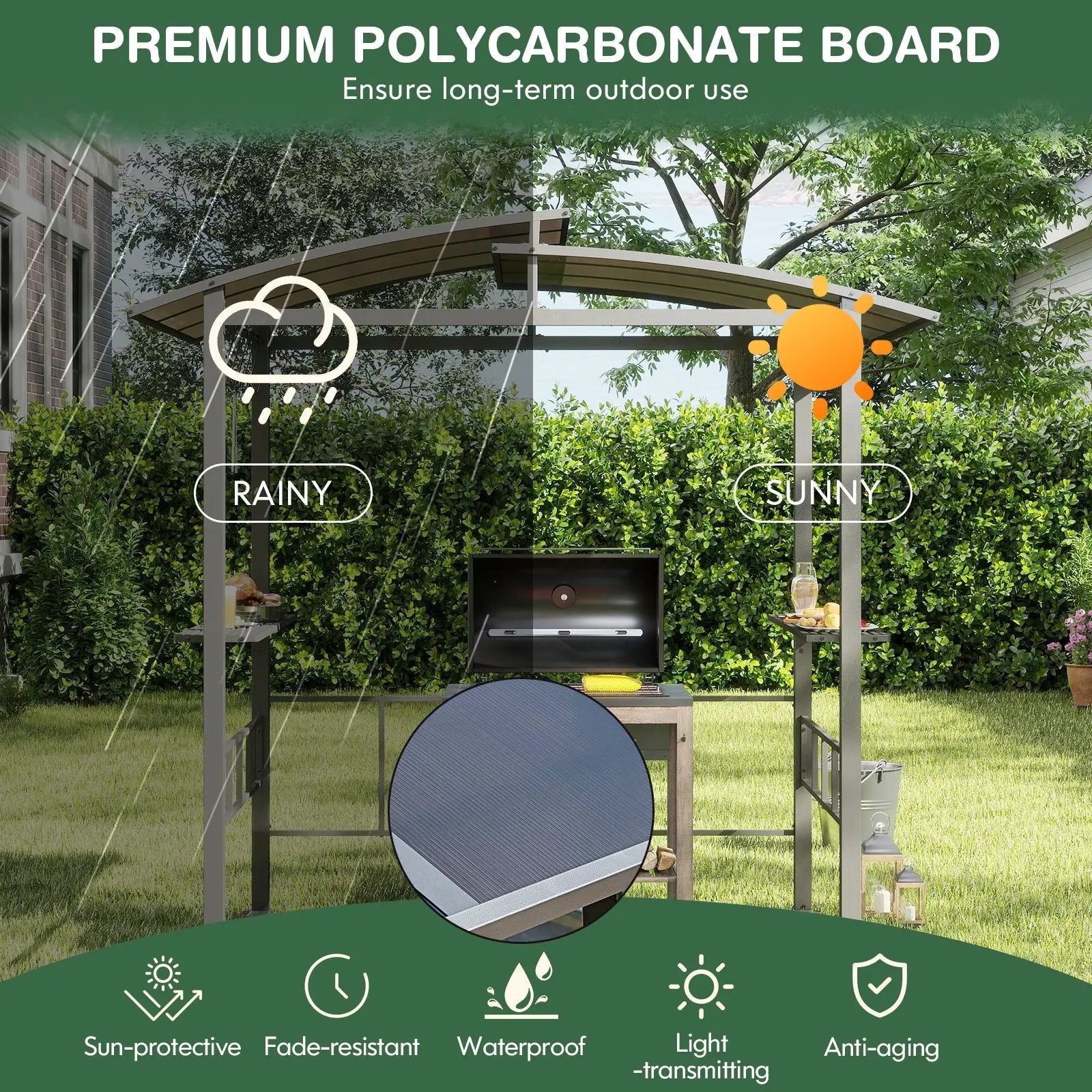 Hardtop Grill Gazebo with Vented Polycarbonate Roof Side Shelves-Black by DirectDeals