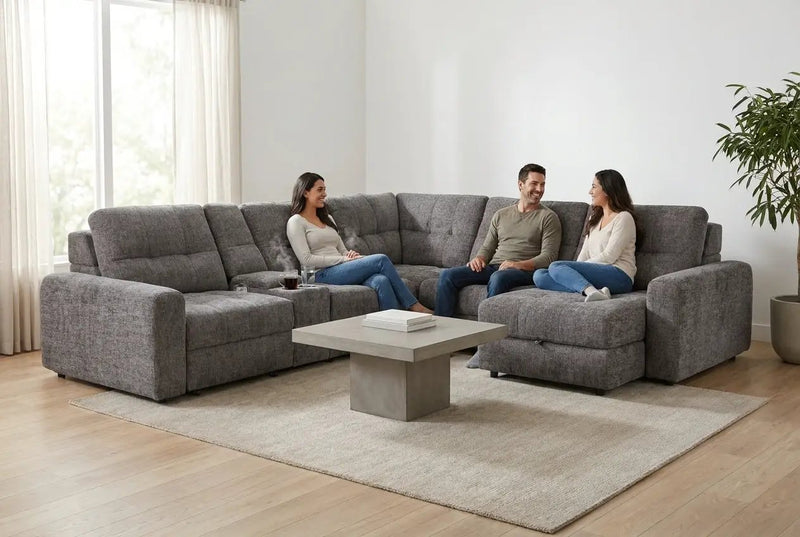 Haven Gunmetal 7-Piece Sleeper Sectional with Sliding Seats and Storage by Ornate Furniture