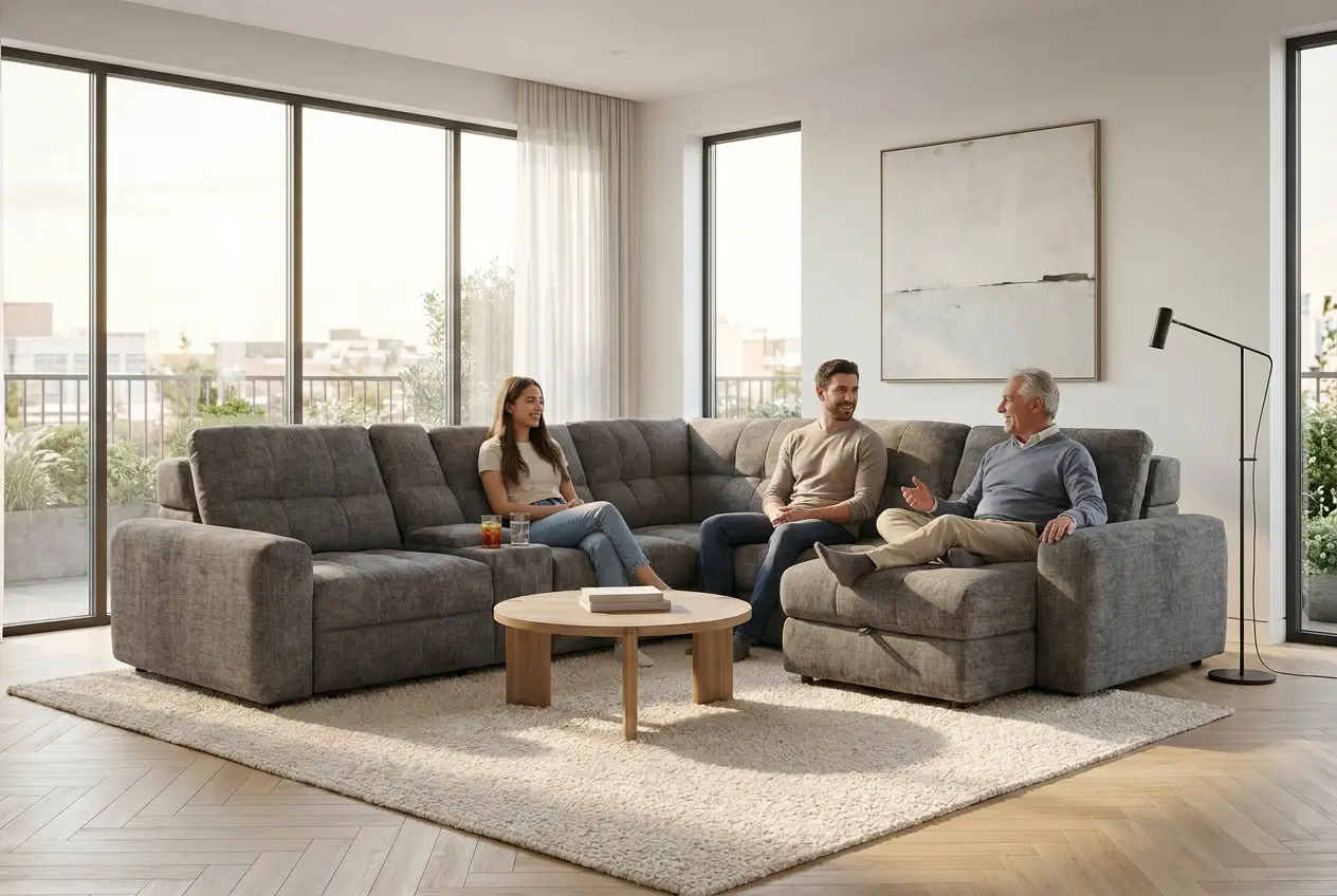 Haven Gunmetal 7-Piece Sleeper Sectional with Sliding Seats and Storage by Ornate Furniture